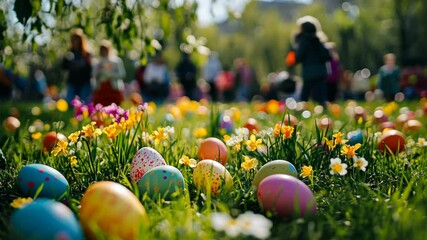 Colorful Easter eggs are hidden in the grass, waiting to be found by children during an egg hunt