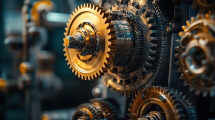Close-up of Interlocking Metal Gears in a Mechanical System, Showcasing Precision Engineering and Industrial Machinery