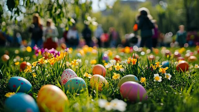 Colorful Easter eggs are hidden in the grass, waiting to be found by children during an egg hunt