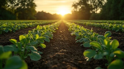Sunset Over a Field of Crops