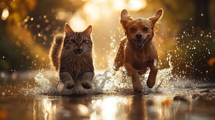 Playful Cat and Dog Running Through Water in Sunlit Forest During Autumn