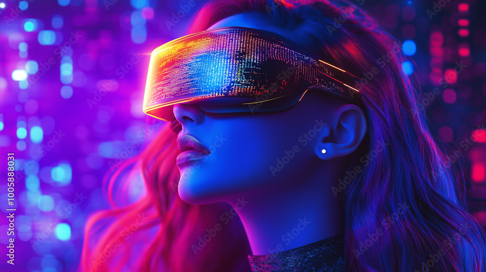 Poster red haired girl in hi-tech vr glasses with elements of artificial intelligence. background in a high