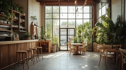 Fototapeta premium Charming pastel toned mini distillery with a cozy inviting atmosphere The industrial inspired building features rustic wooden accents and large windows that allow natural light to pour in