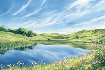 Obraz premium Serene countryside landscape with placid lake rolling hills verdant meadows and warm golden sunlight cast over the scene in a soft atmospheric watercolor painting style