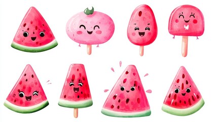A set of hand-drawn watermelon-themed characters in a pastel watercolor style, complete with smiley faces and charming summer details.