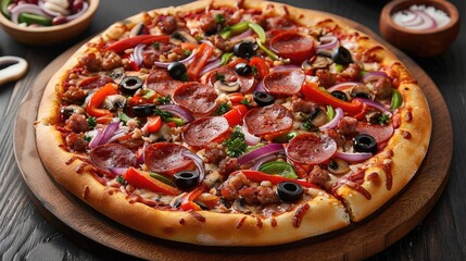 The pizza on a rustic wooden board, slices of pepperoni, crumbled sausage, vibrant bell peppers, red onions, mushrooms, and black olives.