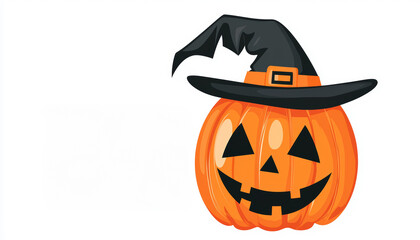 A smiling jack-o'-lantern donning a pointy witch hat, set against the bold 'Halloween' banner, ready to welcome trick-or-treaters.