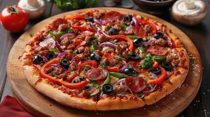 The pizza on a rustic wooden board, slices of pepperoni, crumbled sausage, vibrant bell peppers, red onions, mushrooms, and black olives.