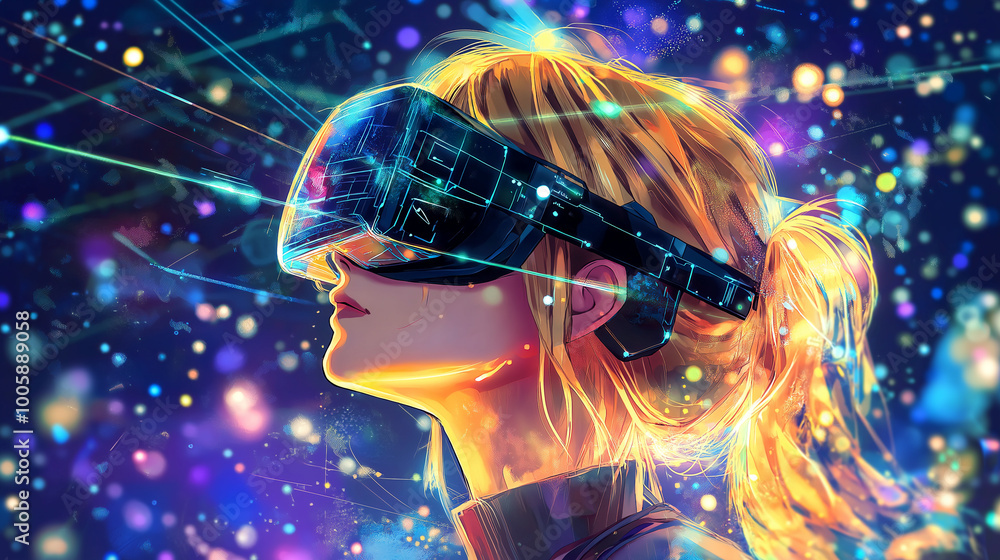 Poster beauty girl in hi-tech vr glasses with elements of artificial intelligence. background in a high-tec