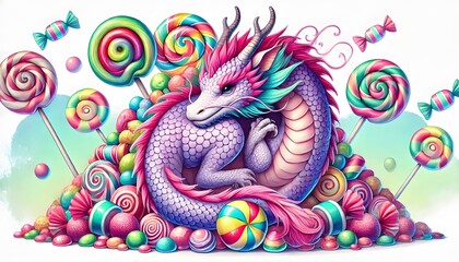 Obraz premium Colorful Dragon Surrounded by Candy and Sweets 