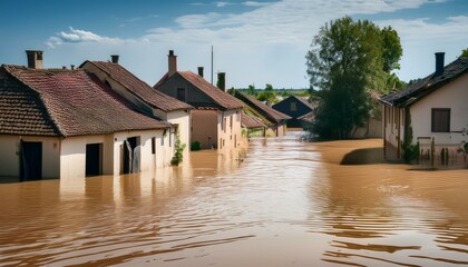 Obraz premium Flooded homes with water covering streets under a clear blue sky.