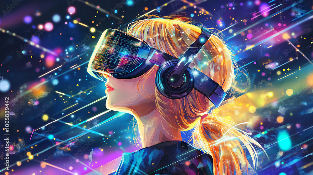 Poster beauty girl in hi-tech vr glasses with elements of artificial intelligence. background in a high-tec