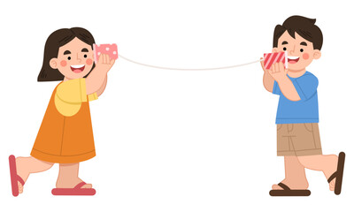 Vector illustration of boy and girl playing telephone from paper cups
