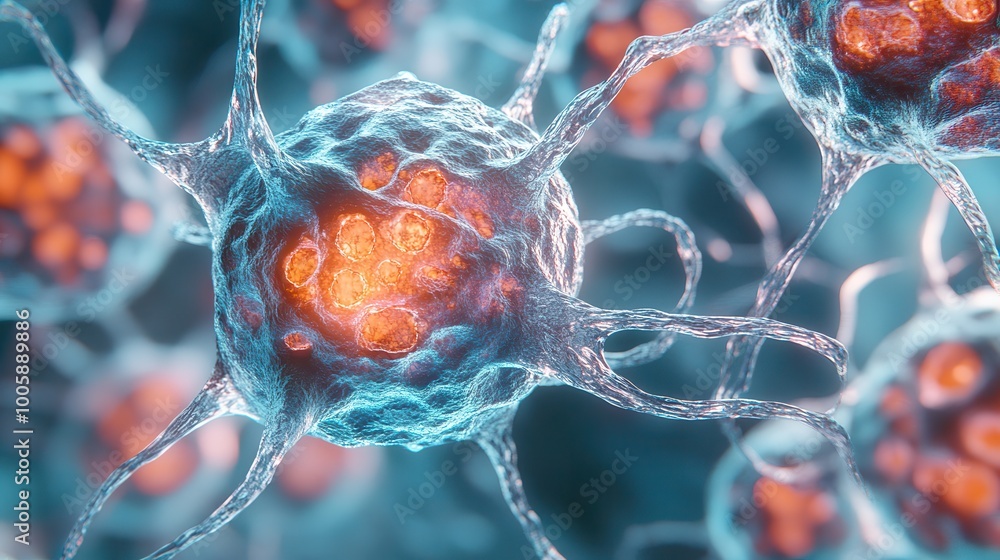 Wall mural close-up of neural cells with glowing synapses in a futuristic scientific visualization
