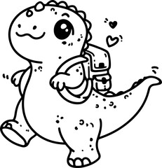 Adorable hand-drawn vector illustration of a cute baby dinosaur carrying a student bag. Perfect doodle design for kids, isolated for easy use in projects.