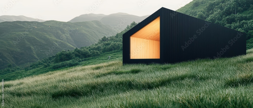 Poster compact modernist cabin with minimal decoration emphasizing functionality in remote natural surround