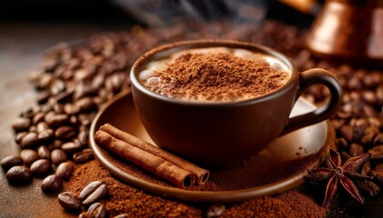 Rich coffee cup on a textured background with coffee beans and spices.