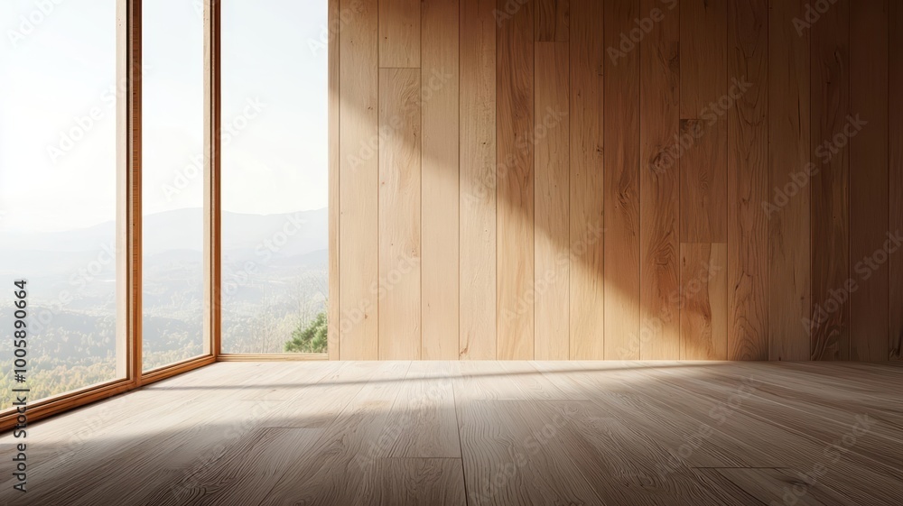 Poster minimalist rural retreat with wooden panels and large open spaces functional architecture in a natur