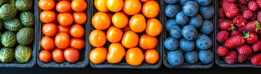 A vibrant display of fresh fruits in trays, showcasing a variety of colors and textures. Perfect for healthy lifestyle themes.