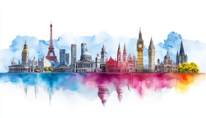 An artistic blend of international landmarks in one skyline, featuring iconic structures from major cities around the world.