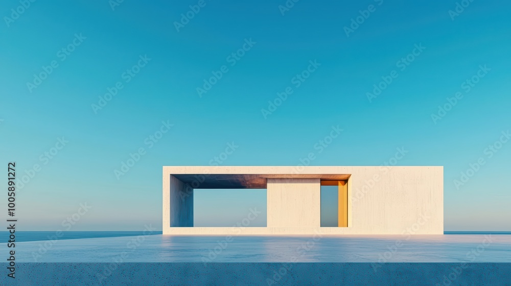 Poster single story concrete house with floor to ceiling windows, showcasing functionality and simplicity i