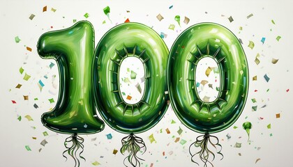 Green birthday / anniversary balloon, number 100, white background with confetti