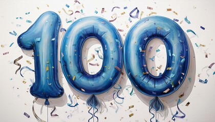 Blue birthday / anniversary balloon, number 100, white background with confetti