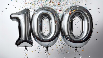 Silver birthday / anniversary balloon, number 100, white background with confetti