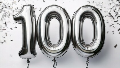 Silver birthday / anniversary balloon, number 100, white background with confetti