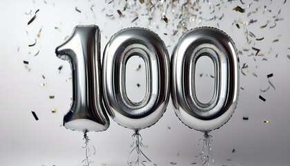 Silver birthday / anniversary balloon, number 100, white background with confetti