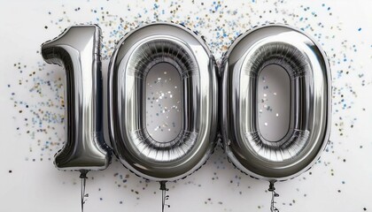 Silver birthday / anniversary balloon, number 100, white background with confetti