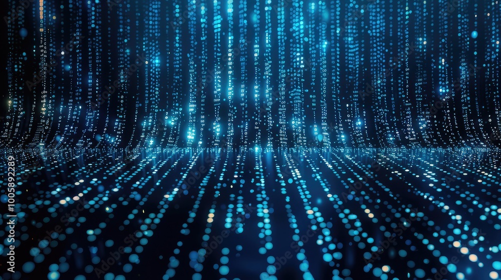 Fototapete illustration of code compiling like the matrix background from top down, blue colored lines, dark ba
