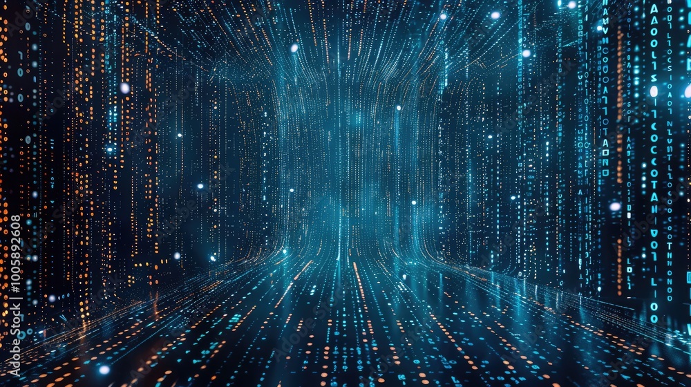 Aufkleber illustration of code compiling like the matrix background from top down, blue colored lines, dark ba