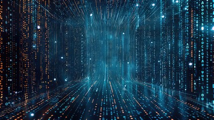 Illustration of code compiling like the Matrix background from top down, blue colored lines, dark background.