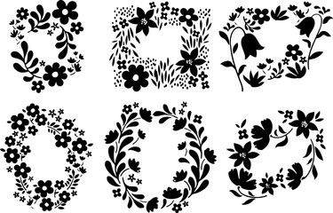 Set of black abstract flower wreaths in doodle hand-drawn style. Isolated and easy to use, perfect for creative design projects and minimalist vector art. © acehonghin