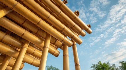A stunning view of a bamboo structure under a bright sky, showcasing natural beauty and architectural elegance.