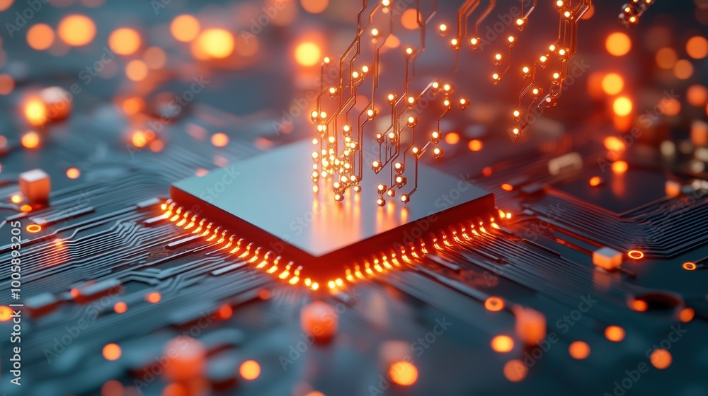 Poster a circuit board with glowing components, representing the intricate workings of technology.