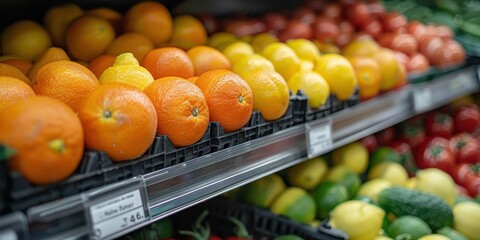 Close-up of a shelf with vegetables and fruits in a supermarket