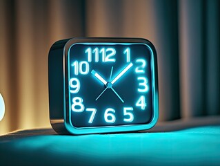 A stylish blue LED clock displaying modern time with a sleek design, perfect for a contemporary bedroom or office setting.