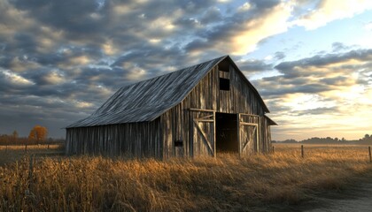 A weathered wooden barn stands in a field of golden grass under a dramatic sky.