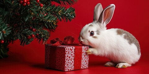 Curious Rabbit Sniffing a Wrapped Christmas Gift