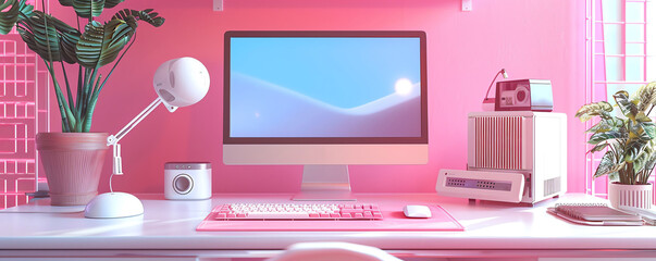A pink desk with a computer, keyboard, mouse, lamp, and plants on it. The background is also pink.