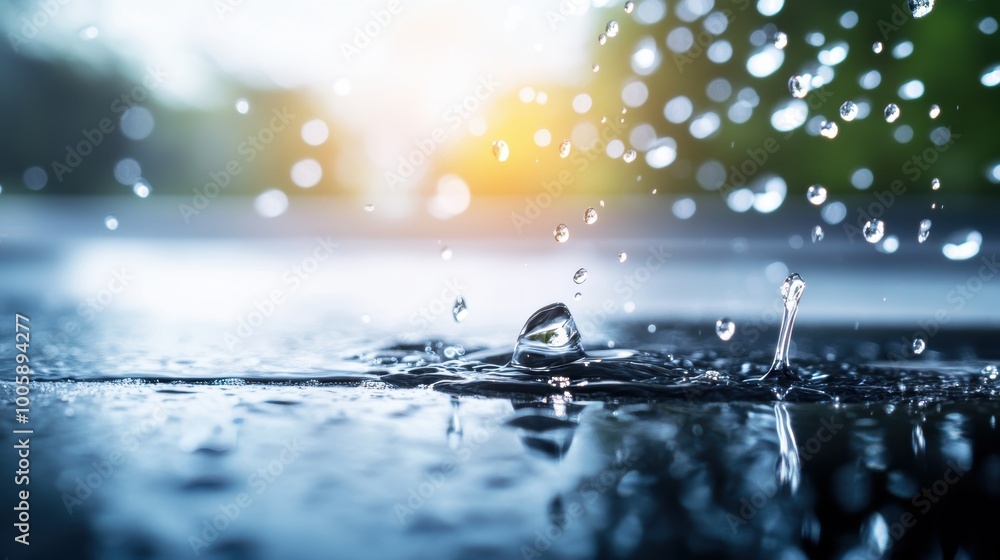 Poster a close up shot of water droplets cascading down a smooth, wet surface, creating a mesmerizing flow 