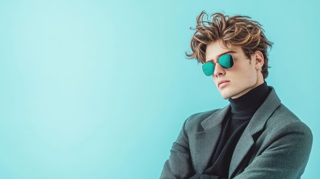 A stylish young man poses confidently in a suit against a vibrant blue background, showcasing modern fashion and attitude.