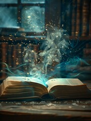 The image depicts an open book with pages flipping as if being turned