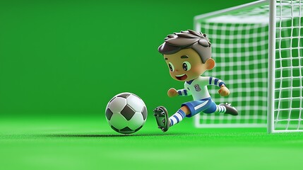 Fototapeta premium Cute Cartoon Soccer Player Kicking Ball Towards Goal