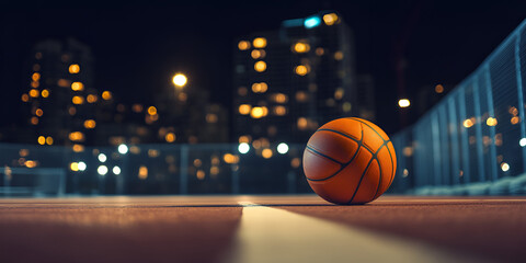 Basketball on Court at Night with City Lights