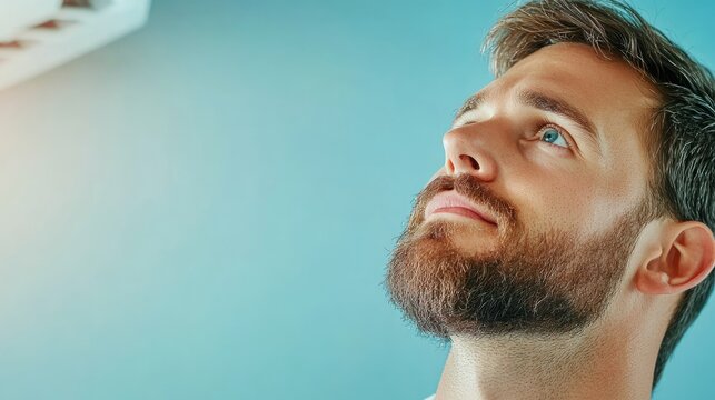 A thoughtful man gazing upwards, showcasing a well-groomed beard under natural light in a calming indoor environment.