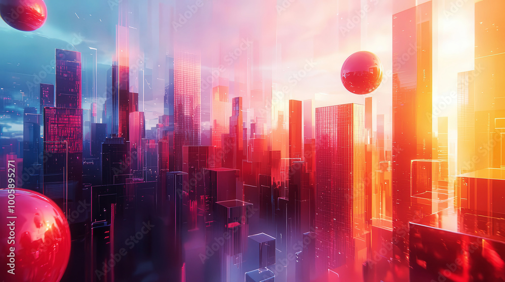 Poster create a holographic 3d abstract cityscape with geometric buildings and floating shapes