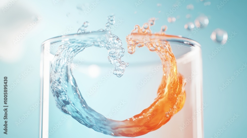 Poster a close up shot of two liquids mixing in a beaker, creating a swirling vortex and changing colors, e
